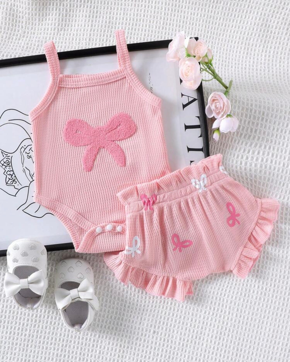 2Pcs Baby Pink Embroidered Camisole Romper & Shorts Set