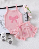 2Pcs Baby Pink Embroidered Camisole Romper & Shorts Set
