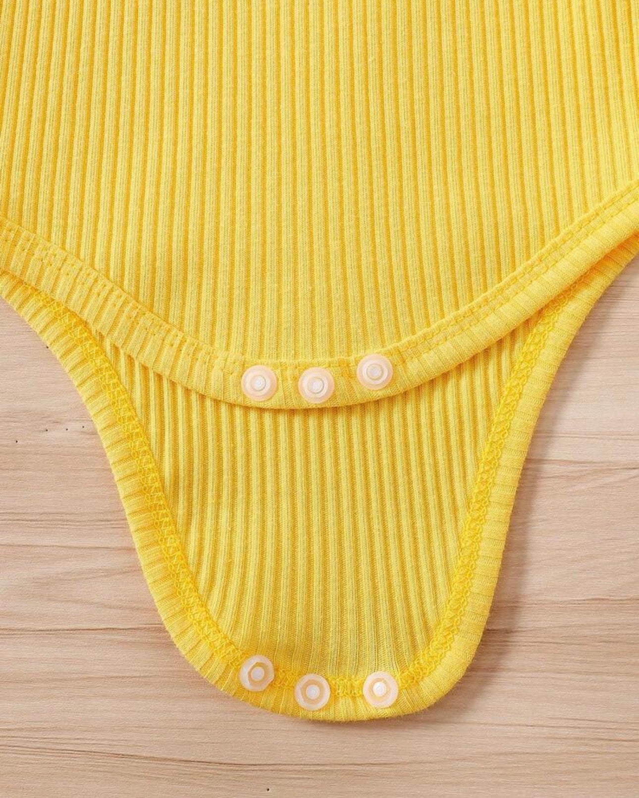 3pcs Baby Girls Yellow Ribbed Romper & Ruffled Overall Dress Set with Bow Headband