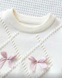 Girls’ Pink Bow Off-White Jacquard Cardigan & Pleated Skirt Setf
