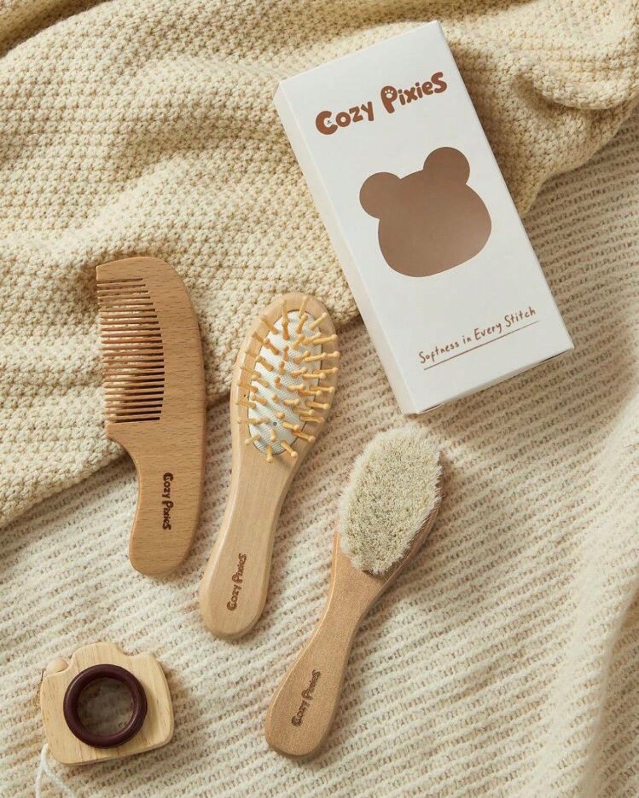 3-Piece Baby Grooming & Care Set – Wooden Wool Brush & Comb