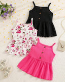 3PCS Girls Pink and Black Ruffle Trim Camisole Tops Set