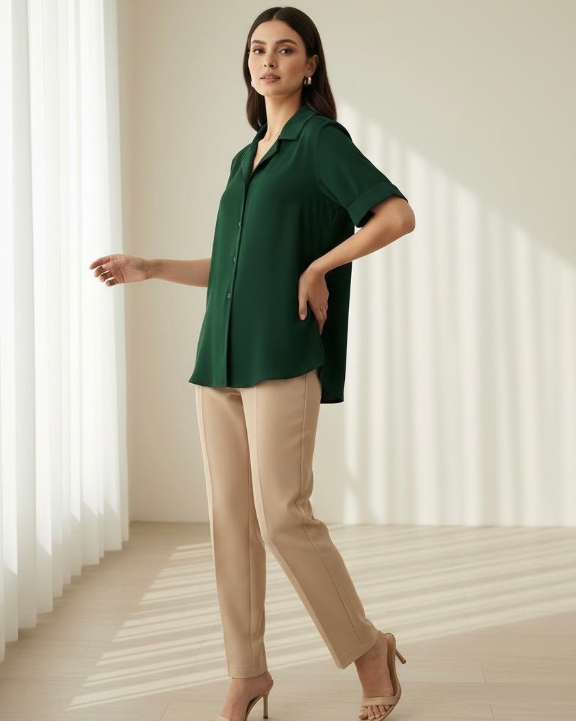 Women Blazer Collar Short Sleeve Green Elegant Summer Shirt
