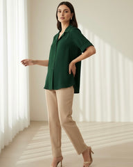 Women Blazer Collar Short Sleeve Green Elegant Summer Shirt