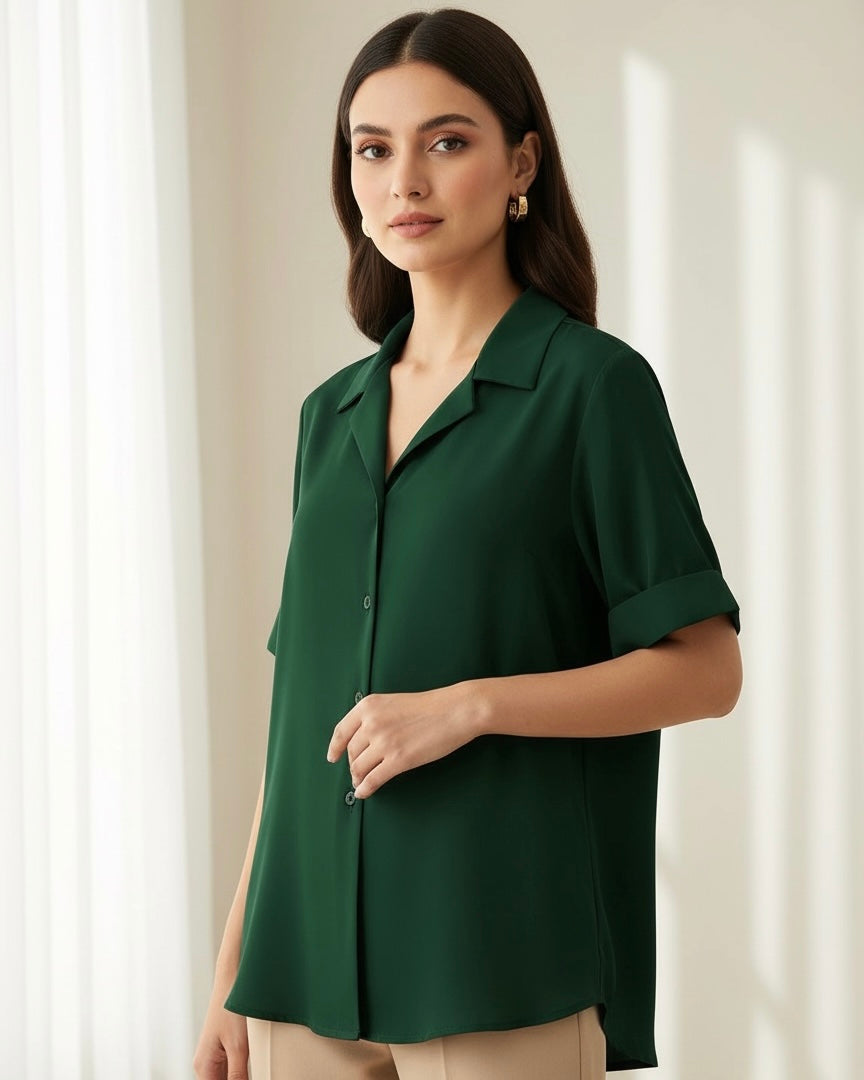 Women Blazer Collar Short Sleeve Green Elegant Summer Shirt