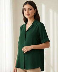 Women Blazer Collar Short Sleeve Green Elegant Summer Shirt