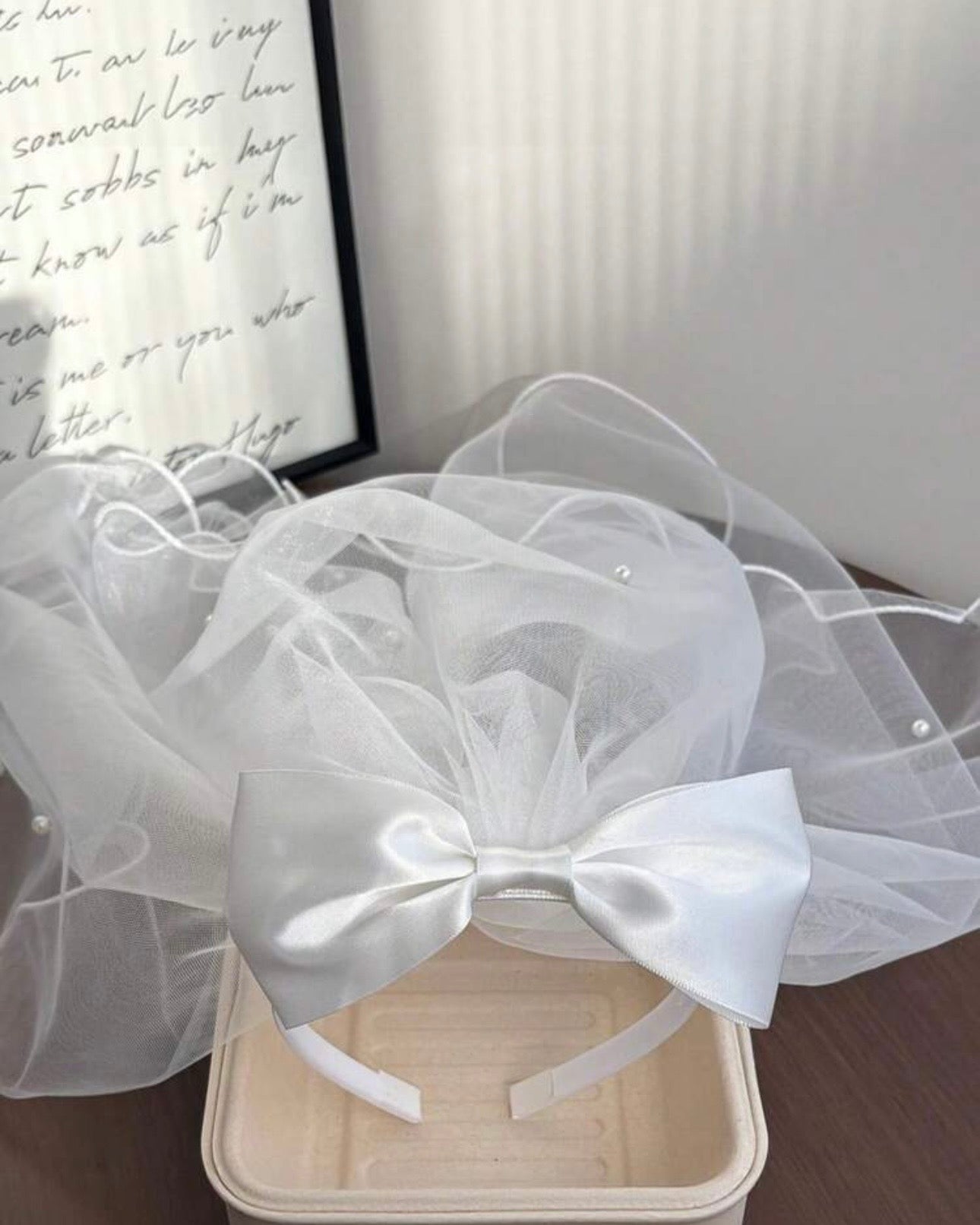 White Veil Pearl Bow Headband for Girls