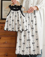 Girls’ Bow Print Black and White Halter Top & Wide-Leg Pants Set