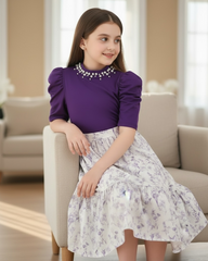 Tween Girl 2Pcs Outfit – Dark Purple Faux Pearl Top & Floral Ruffle Skirt Set