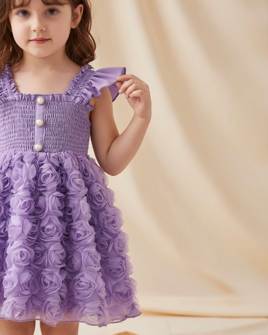 Floral Patchwork Summer Dress – Purple Colour Faux Shirred Cap Sleeve Dress