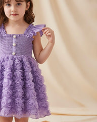 Floral Patchwork Summer Dress – Purple Colour Faux Shirred Cap Sleeve Dress