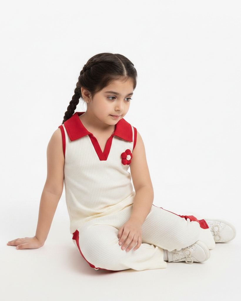 2pcs Girls 3D Floral Knitted White and Red Polo Vest And Flared Pants
