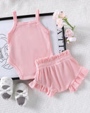 2Pcs Baby Pink Embroidered Camisole Romper & Shorts Set