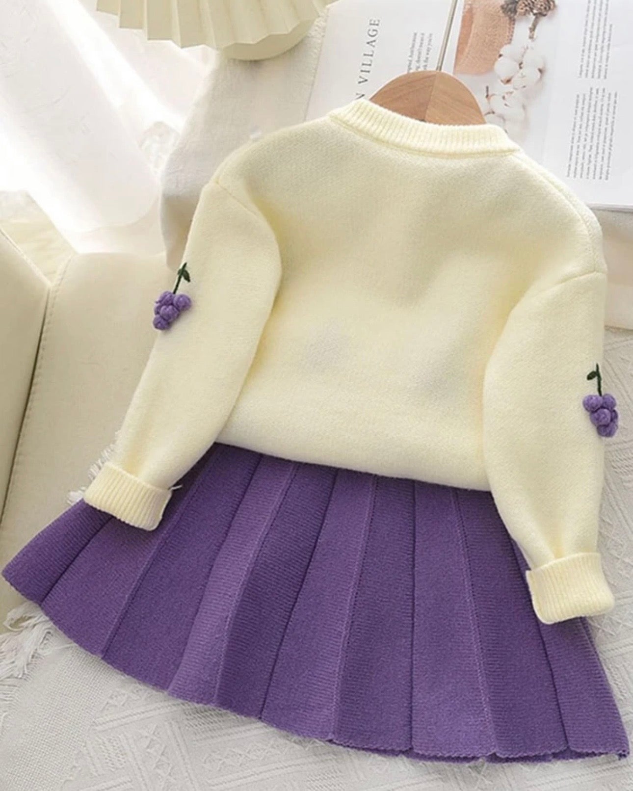 Girls' Purple Long Sleeve Fruit Pom Pom Decorated Sweater And Pleated Skirt