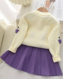 Girls' Purple Long Sleeve Fruit Pom Pom Decorated Sweater And Pleated Skirt