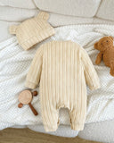 Newborn Winter Knitted Beige Ribbed Long Sleeve Romper With Hat