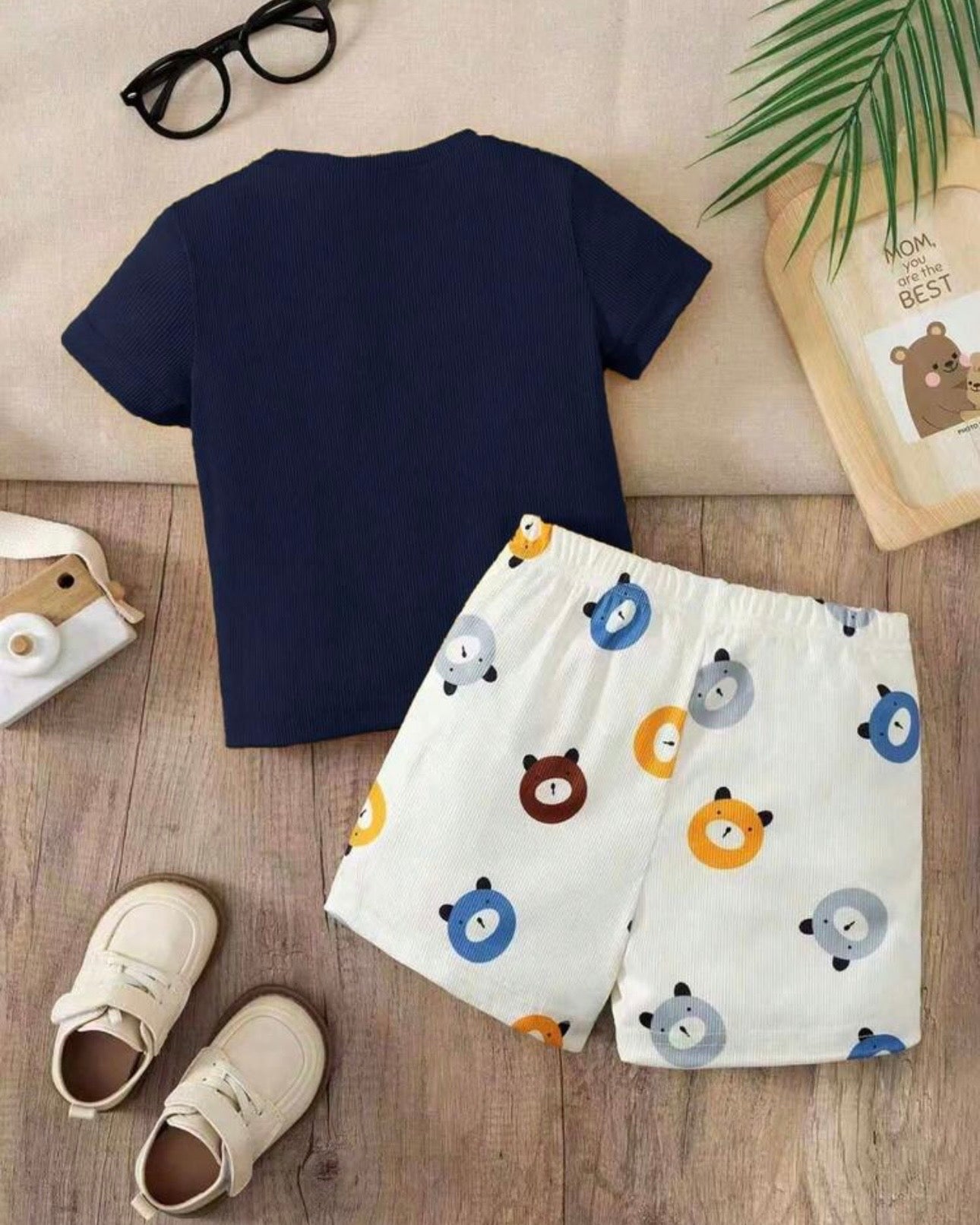 Baby Boy Bear Blue Ribbed Summer Set