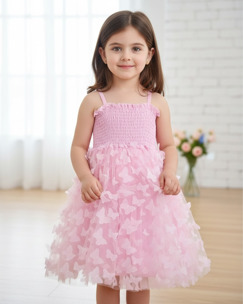 Girls 3D Pink Butterfly Embroidery Tulle Princess Dress