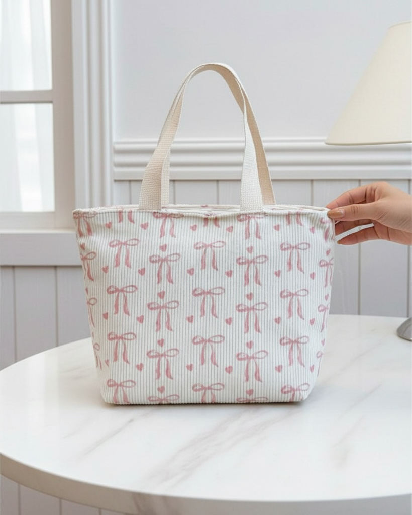White Bow & Heart Print Travel Tote Bag