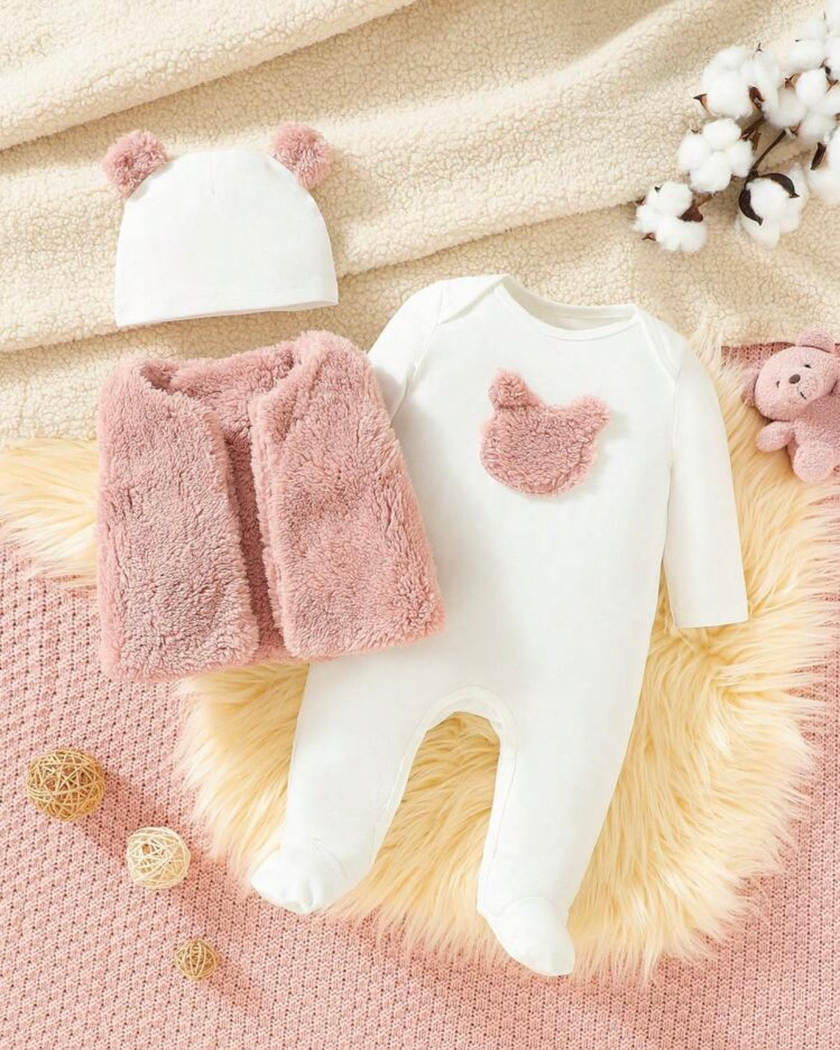 Baby Girl 3pcs Fleece Vest Set With Cute Embroidered Bear