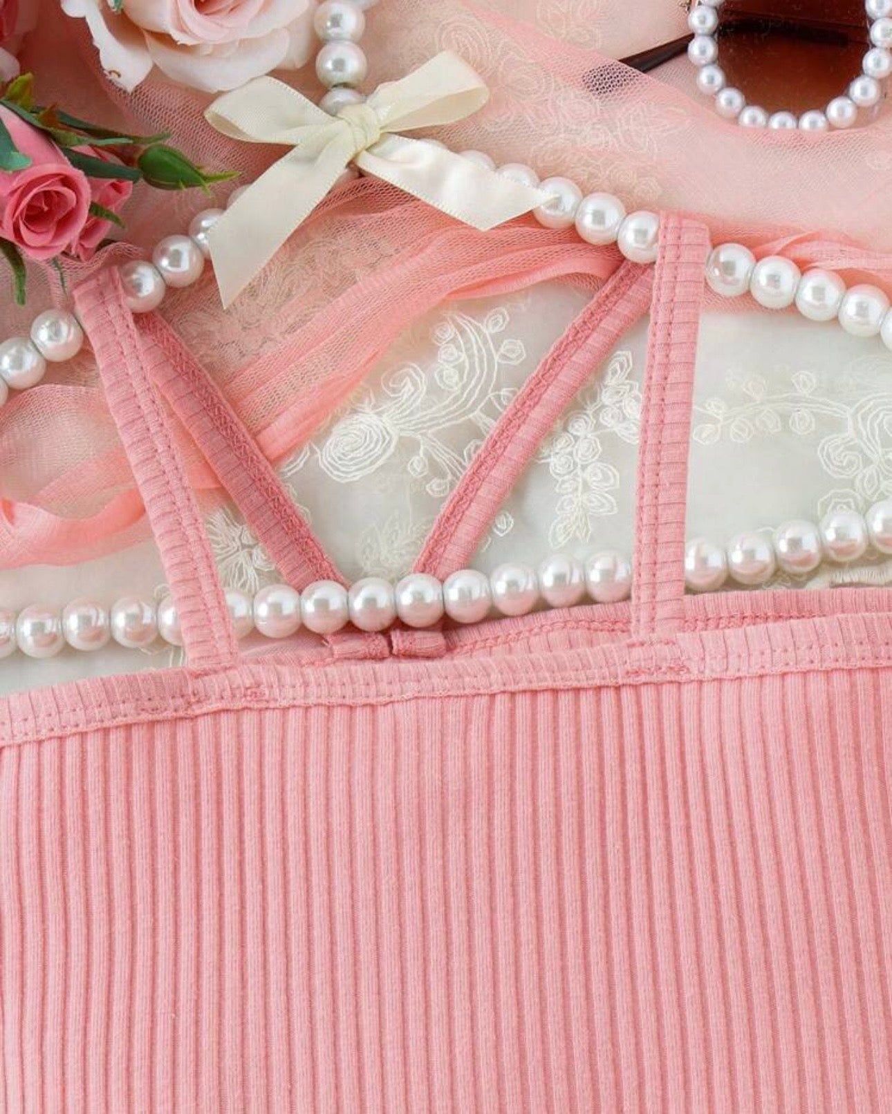 Girls Pink 2pcs 3D Flower Patchwork Camisole Top + Shorts
