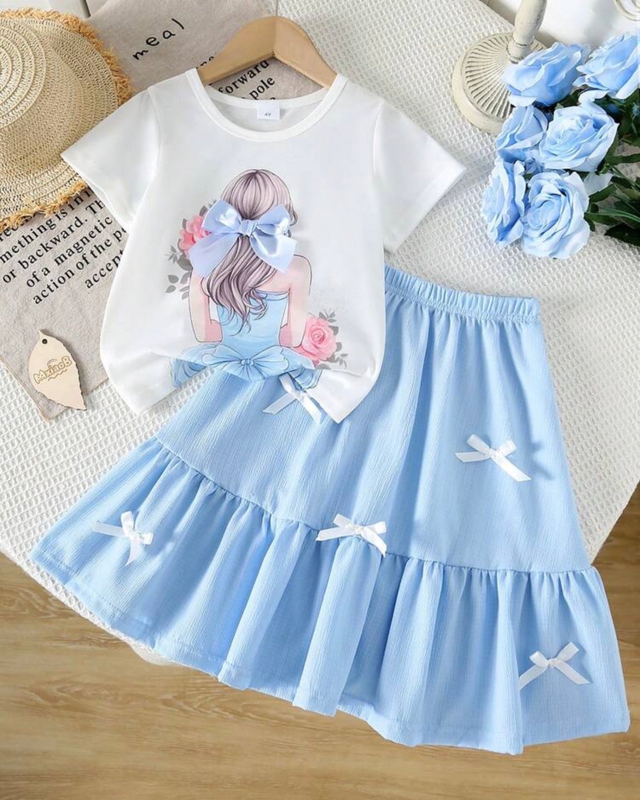Bow Print T-Shirt & Sky Blue A-Line Skirt
