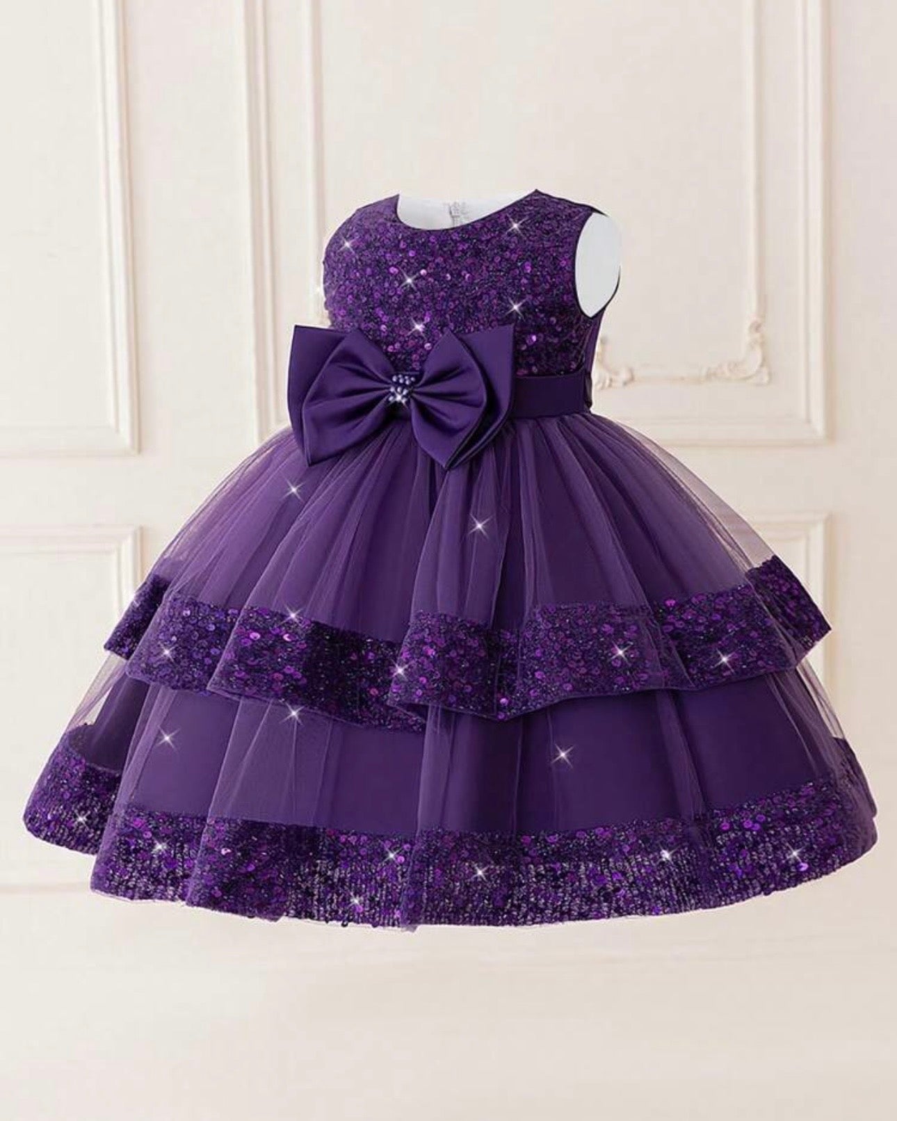 Young Girls Purple Elegant Sequin Bow Mesh Princess