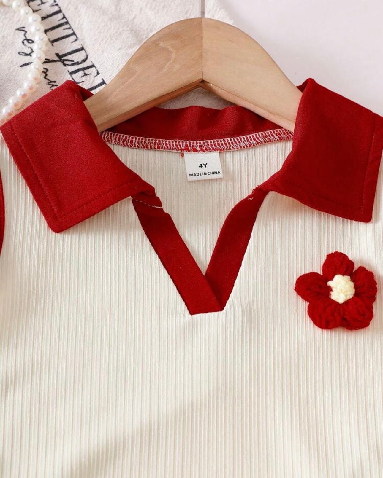 2pcs Girls 3D Floral Knitted White and Red Polo Vest And Flared Pants