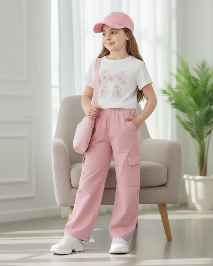 Tween Girls Pink Bow Embroidery T-Shirt with Cargo Pants Set