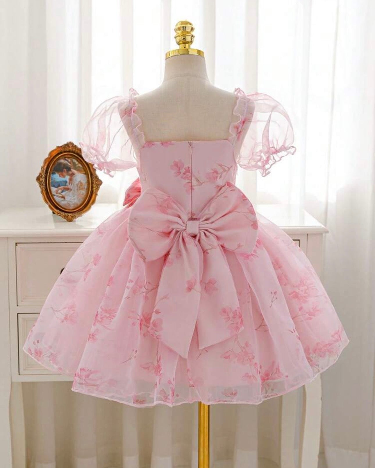 Girls Pink Floral Princess Dress with Petal Sleeves & Back Bow