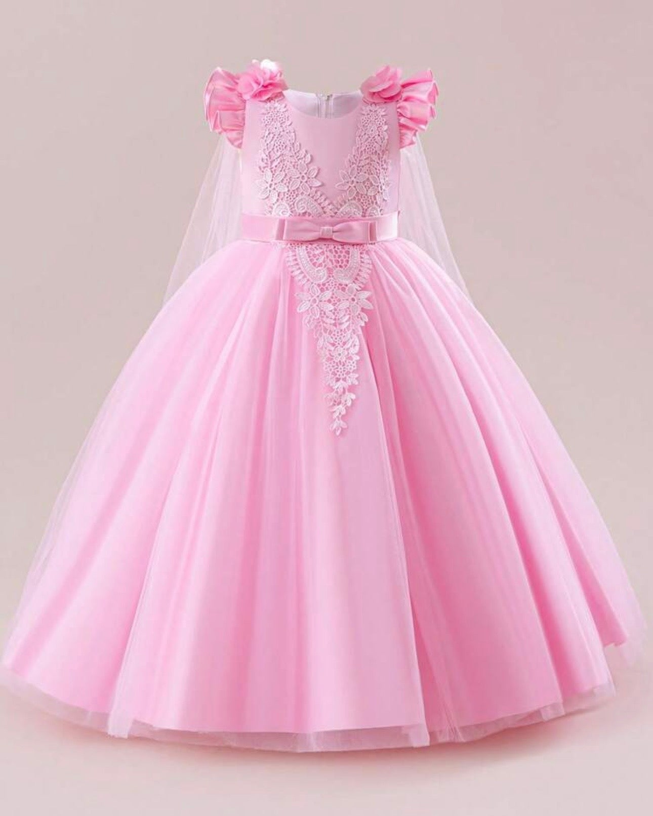Girls Pink Floral Lace Princess Dress – Bowknot Long Gown