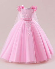 Girls Pink Floral Lace Princess Dress – Bowknot Long Gown