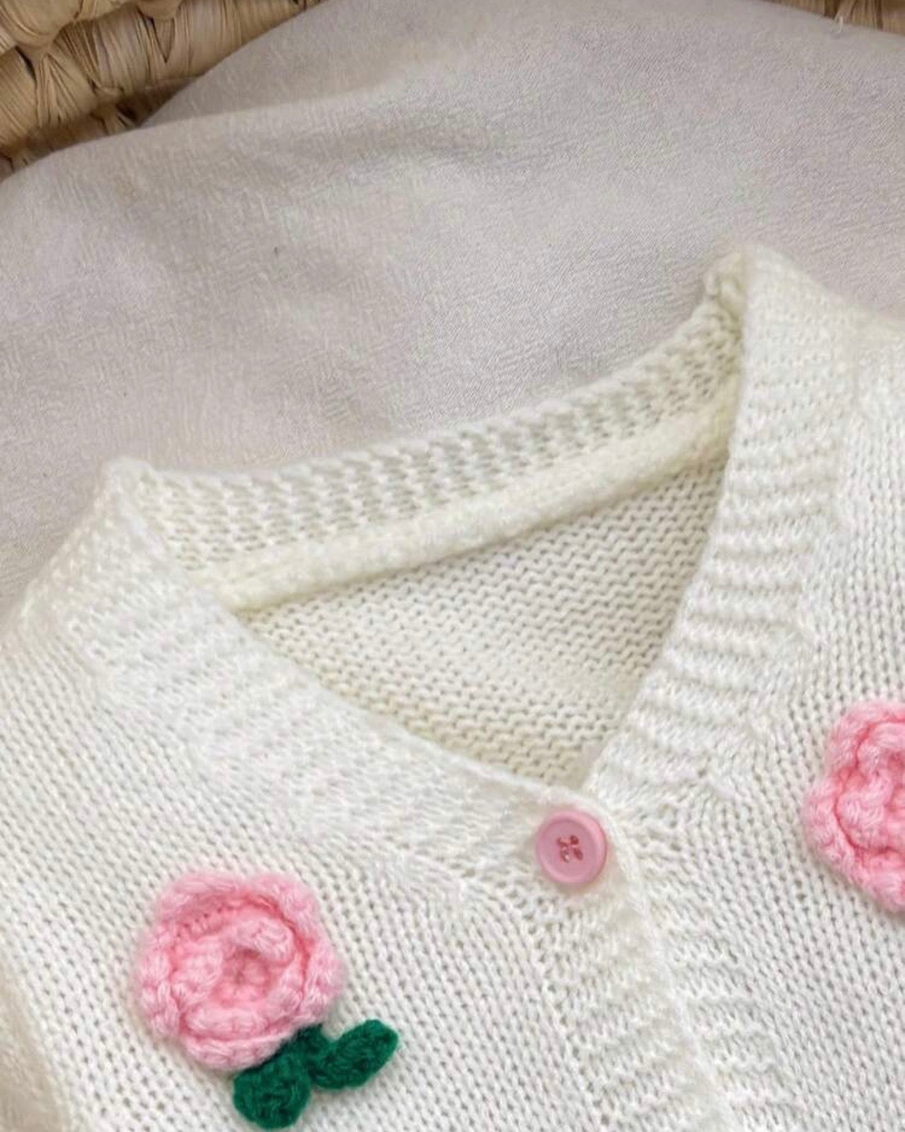 Newborn Baby Girl Pink Floral Pattern Knitted Cardigan and Romper