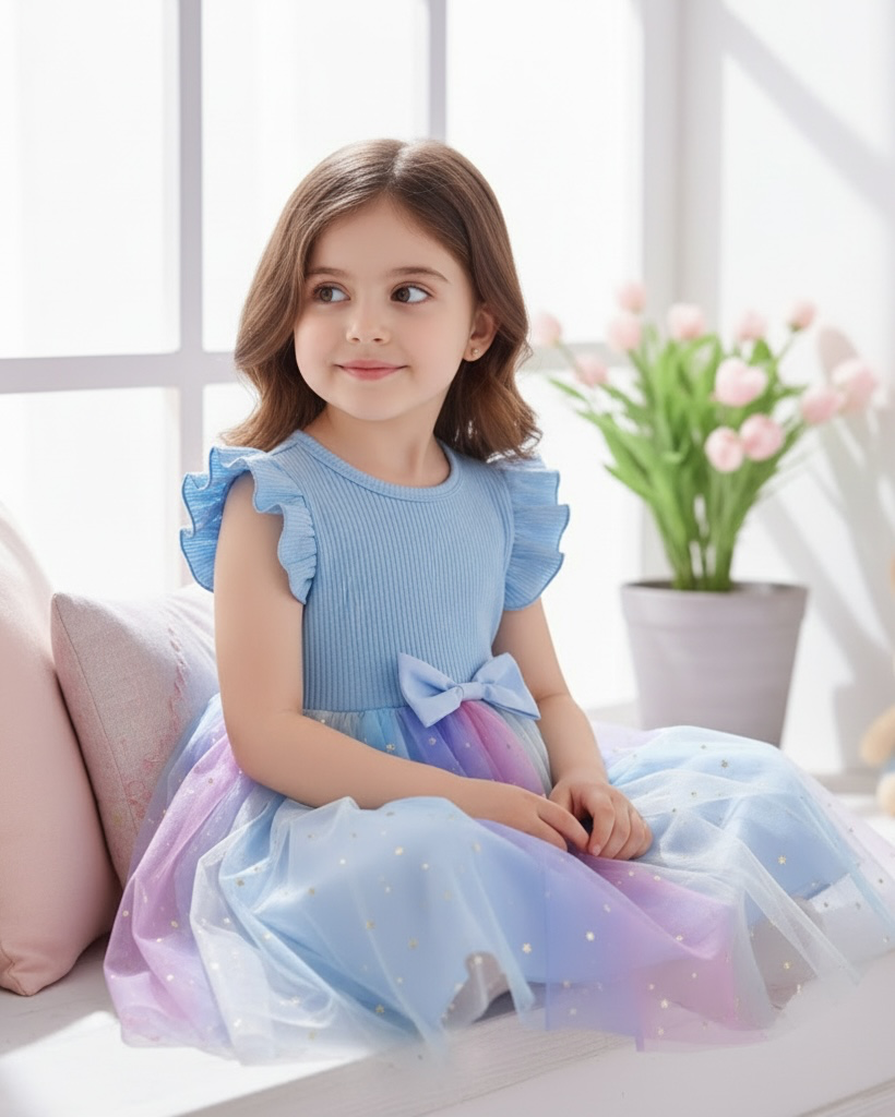 Girls Sleeveless Blue Starry Summer Dress