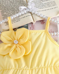 Baby Girl Floral Strap Romper – Yellow Sleeveless Summer Outfit with 3D Rosette Detail