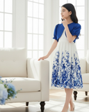 Girls 2-Piece Blue Floral Print Pleated Dress & Cardigan Set