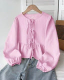 Tween Girls Pink Textured Bow Tie Long Sleeve Shirt
