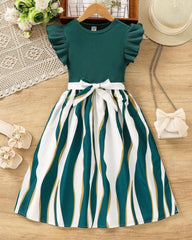Tween Girls Fashionable Geometric Print Ribbed Green Dress