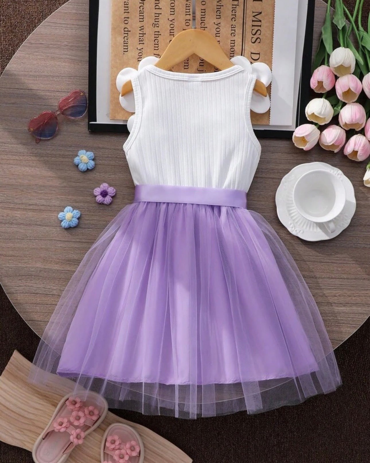 Kids Girls 3D Purple Floral Mesh Sleeveless Summer Party Dress