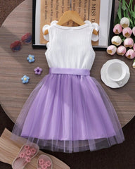 Kids Girls 3D Purple Floral Mesh Sleeveless Summer Party Dress
