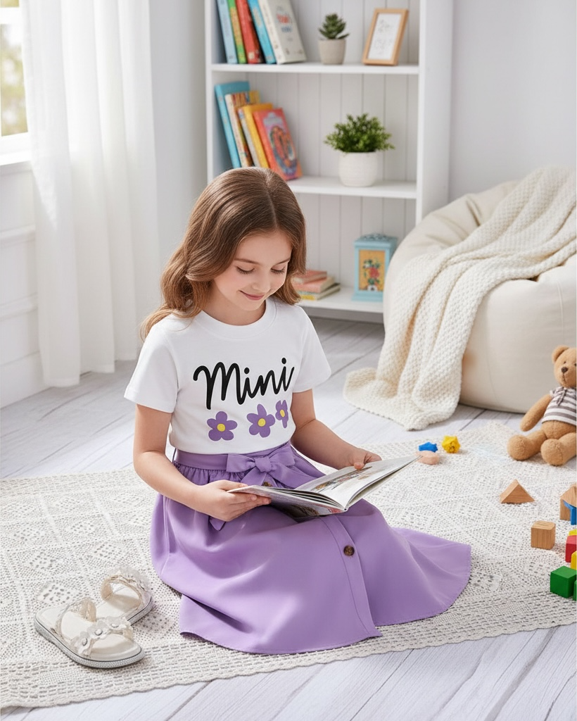 Girls Print Tee & Purple Belted Skirt Set