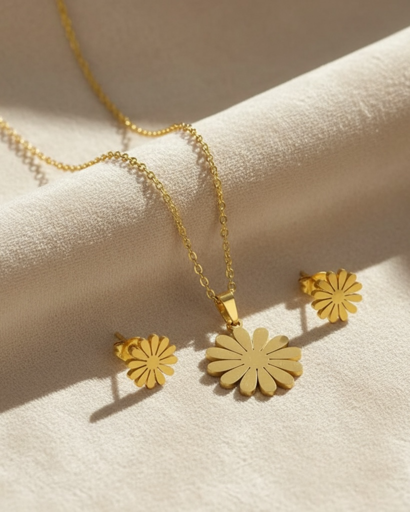 Stainless Steel Golden Flower Pendant Necklace and Earrings