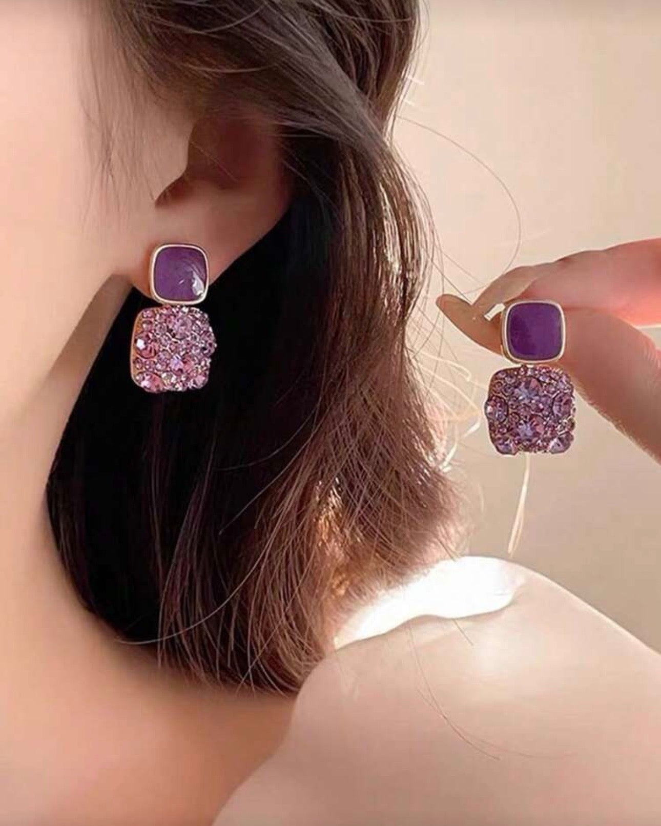 Purple Geometric Vintage Square Rhinestone Zinc Alloy Dangle Earrings