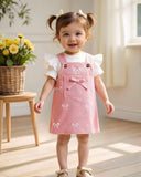 Baby Girls 3pc Set- Cap Sleeve Bodysuit + Pink Suspender Skirt + scrunchie