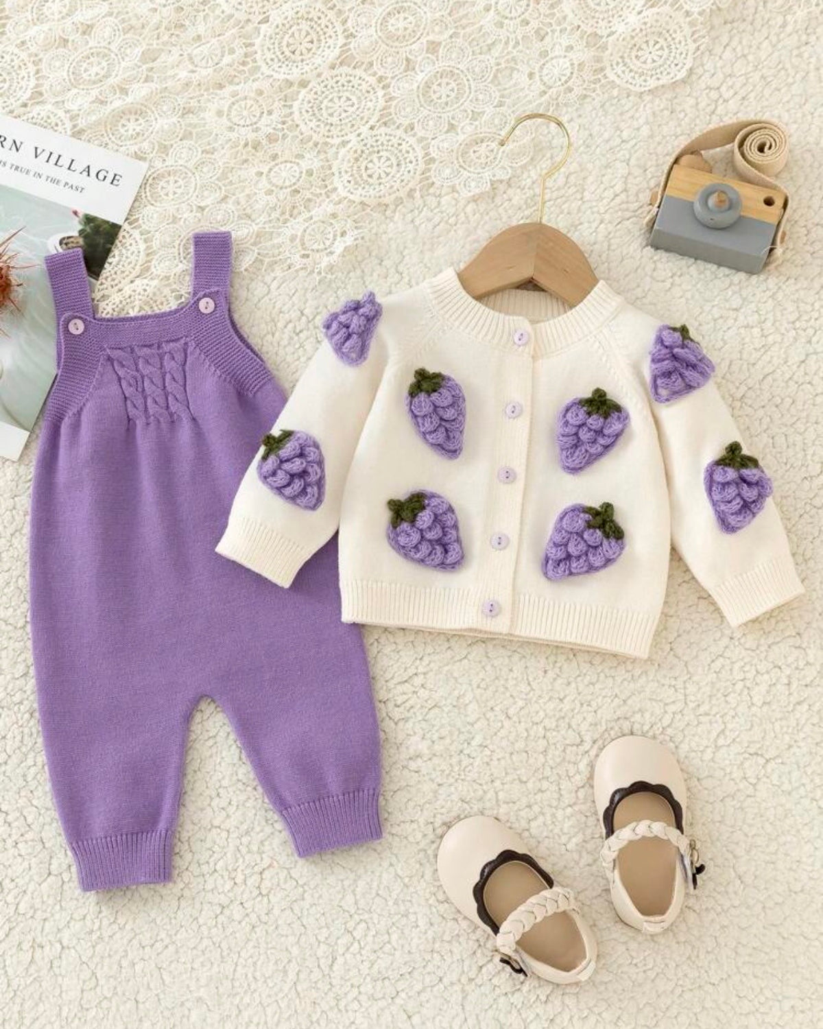 Newborn Baby Girl Purple Strawberry Pattern Knitted Cardigan and Romper