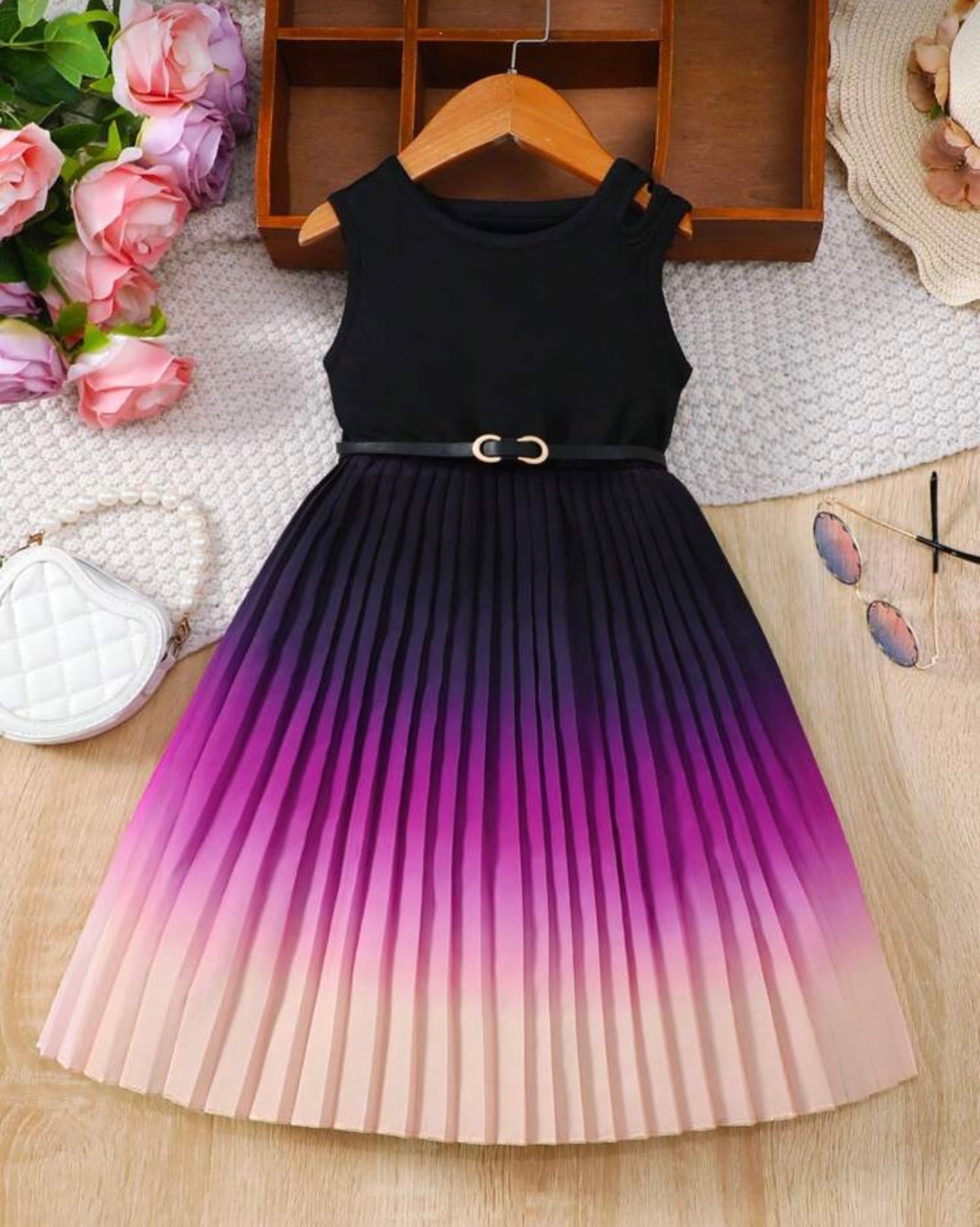 Gradient Colorblock Pleated Hem Sleeveless Dress For Summer Dress