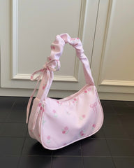 Pink Floral Bow Print Shoulder Bag