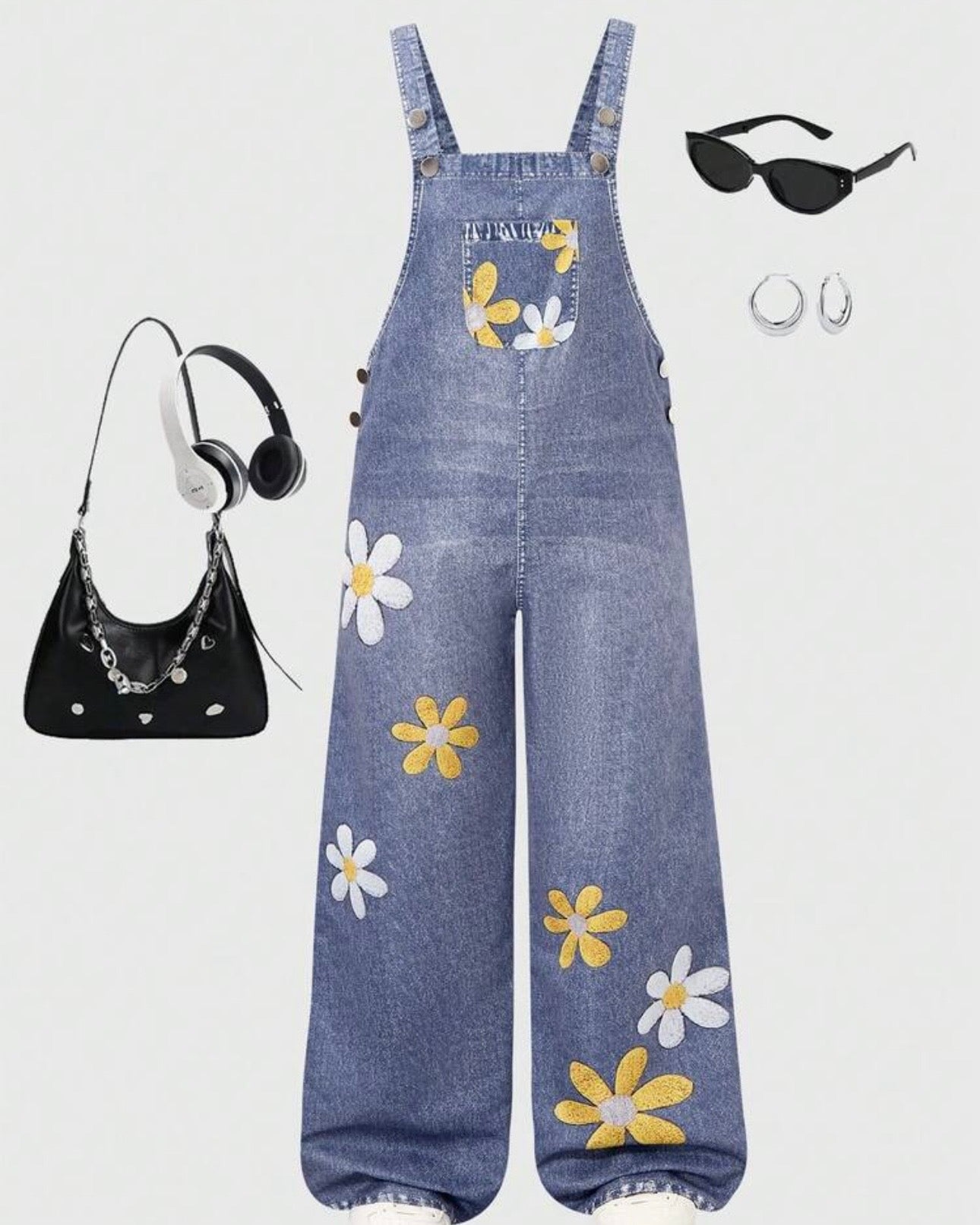 Girls' One-Piece Floral Denim Overalls