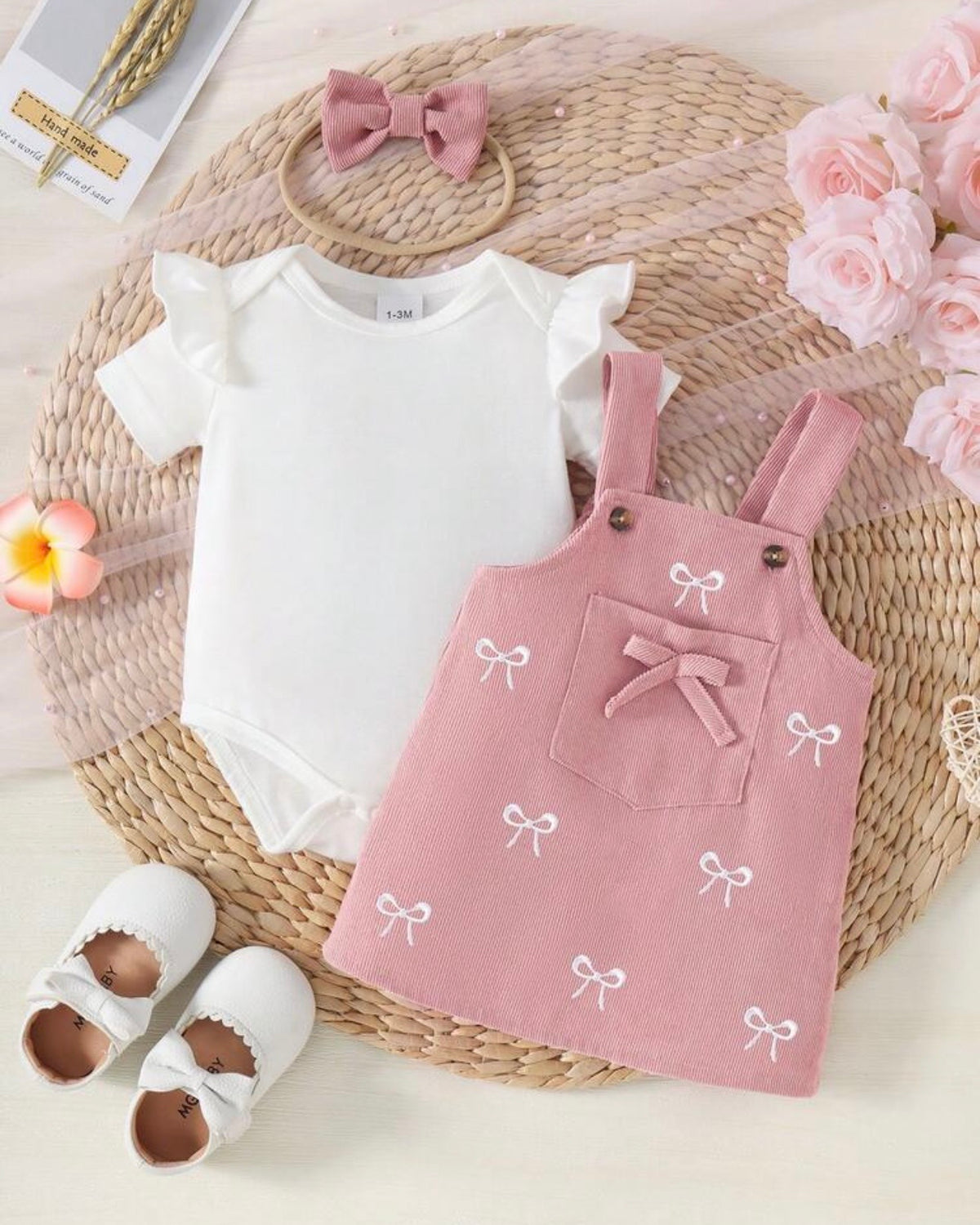 Baby Girls 3pc Set- Cap Sleeve Bodysuit + Pink Suspender Skirt + scrunchie