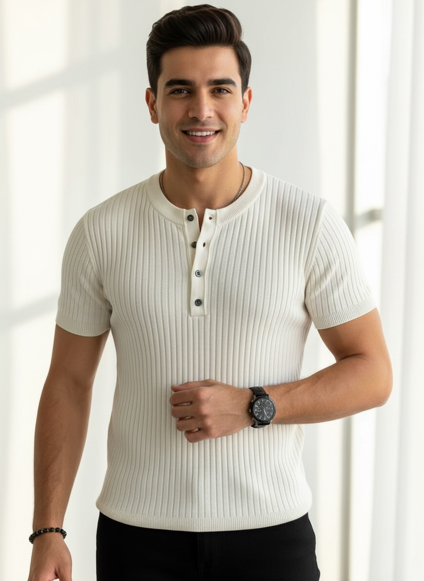 1pc Men's Premium Short Sleeve, Striped Slim Fit Knit Sweater Top, Summer